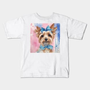 Cute preppy Terrier with blue bows watercolor painting Kids T-Shirt